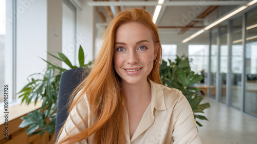 A young Caucasian woman with long red hair smiles warmly at the camera while seated in a bright office filled with greenery, exuding confidence and approachability.