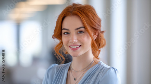 Portrait of a young Caucasian woman with vibrant red hair and a warm smile, dressed in a light blue blouse, exuding confidence in a modern office environment. Free Download Portrait of a young Caucasian woman with vibrant red hair and a warm smile, dressed in a light blue blouse, exuding confidence in a modern office environment. - GFXLoad