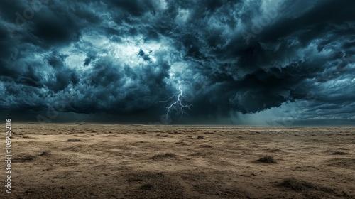 A dramatic landscape featuring dark storm cloud and lightning over a barren terrain.
