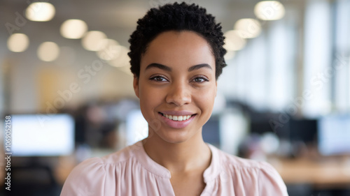 Smiling African American woman in an office setting, with a warm demeanor and professional attire. Bright atmosphere filled with natural light.