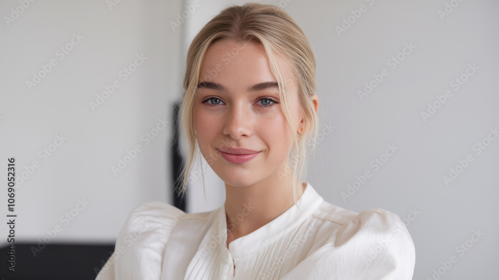 Portrait of a young Caucasian woman with long blonde hair, wearing a stylish white blouse, smiling softly in a bright, minimalistic interior setting. Portrait of a young Caucasian woman with long blonde hair, wearing a stylish white blouse, smiling softly in a bright, minimalistic interior setting.
