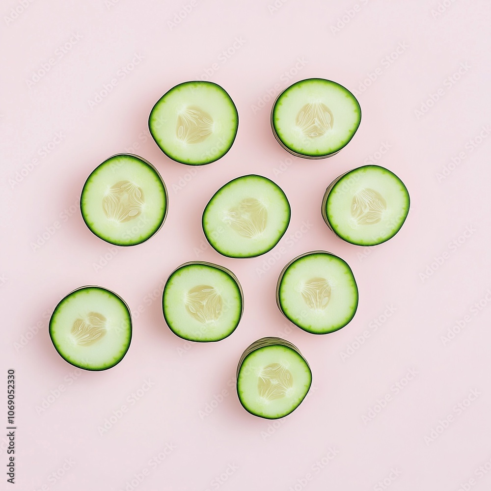 Cucumber slices on pastel pink background. Flat lay, top view. Cucumber slices on pastel pink background. Flat lay, top view.