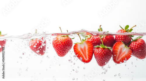 Strawberries submerged in water creating splashes against a bright background