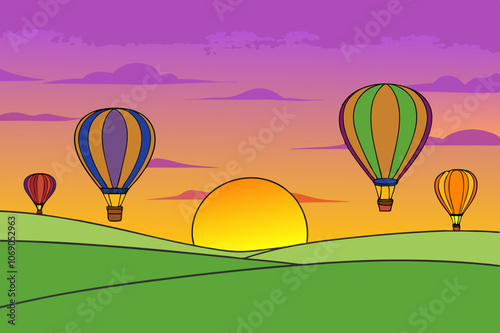 Design a Countryside Sunset Scene with Vibrant Hot Air Balloons Soaring Over Rolling Fields and Hills