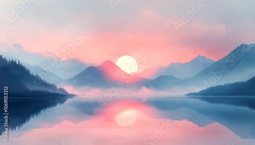 beautiful fairy-tale sunset or sunrise on the background of mountains, soft pastel colors, light fairy-tale atmosphere