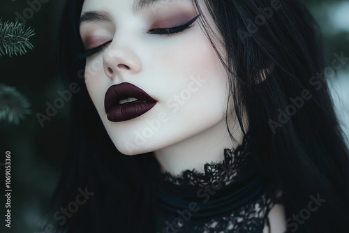captivating portrait of a woman with pale skin and dark dramatic makeup in lace attire, intense  gothic beauty