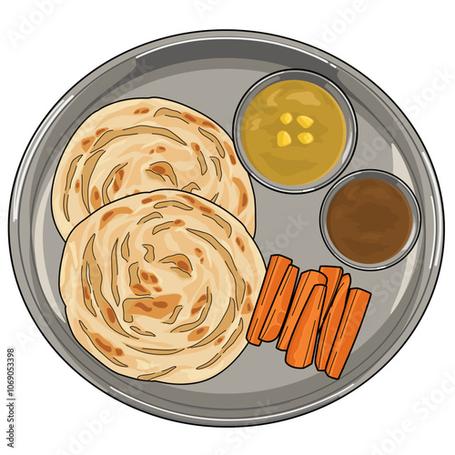 Roti canai or paratha indian traditional food, chapati, flat bread, parotta, vector illustration.