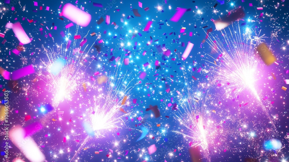 Illuminated New Year's Eve Celebration - Digital Illustration of Vibrant Fireworks and City Skyline in Night Sky with Confetti Rain - Ultra-Detailed Backdrop Illuminated New Year's Eve Celebration - Digital Illustration of Vibrant Fireworks and City Skyline in Night Sky with Confetti Rain - Ultra-Detailed Backdrop
