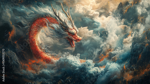 majestic red dragon emerges from swirling clouds, embodying power and mystique. This stunning artwork captures essence of mythical creatures in vibrant, dramatic setting