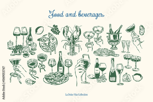 Minimal hand drawn food and beverages vector illustration collection. Art for greeting cards, wedding invitations, poster design, postcards, branding, logo design, background. Matisse style doodles.