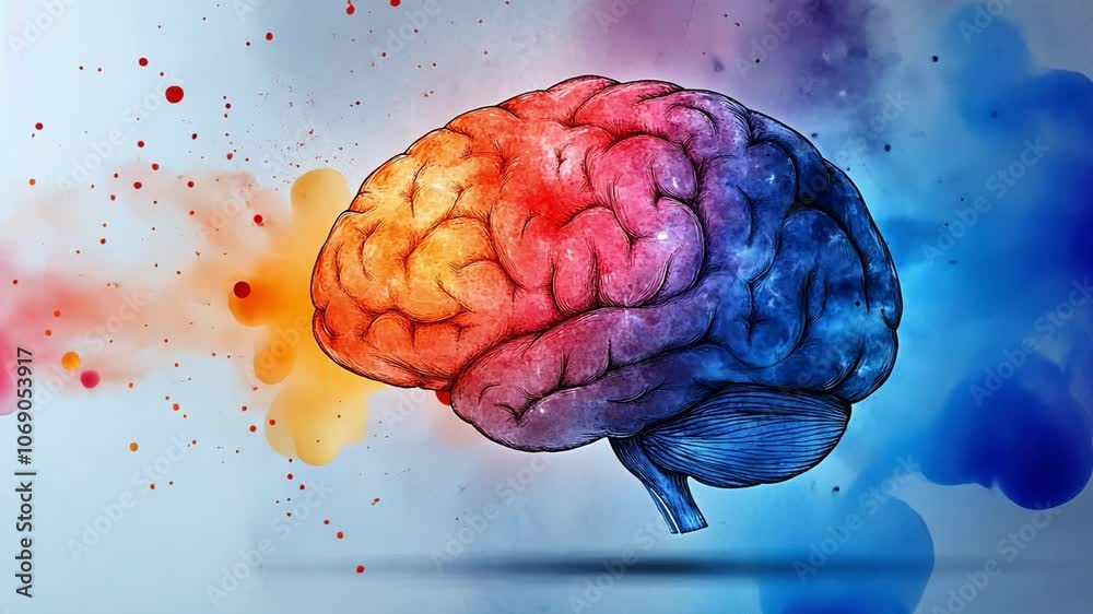 Vibrant artistic representation of a human brain with colorful splashes of paint in various shades