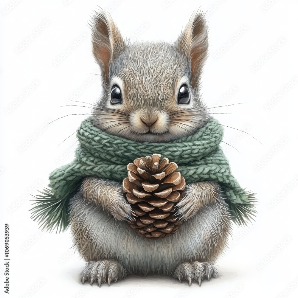 Obraz premium Adorable little squirrel in a cozy green scarf clutching a pine cone in its tiny paws