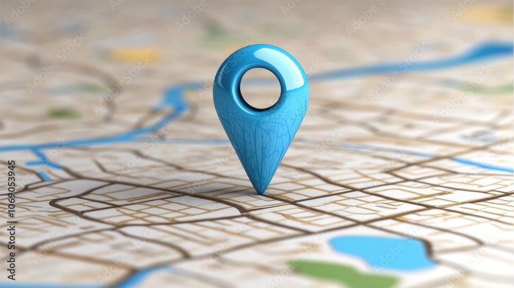 A blue map pin positioned on a detailed map, symbolizing location and navigation. A blue map pin positioned on a detailed map, symbolizing location and navigation.