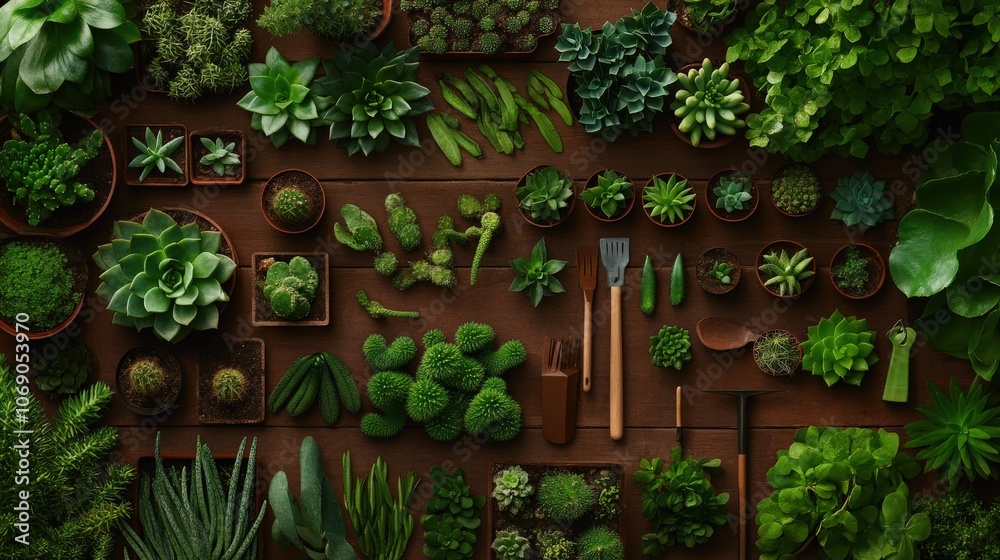 Fototapeta premium A diverse collection of green succulents and gardening tools arranged on a wooden surface, showcasing nature's beauty and gardening passion.
