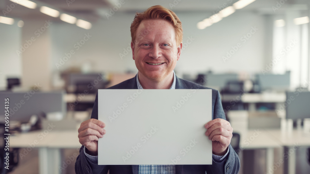 Cheerful middle-aged Caucasian man holding a blank sign in a modern office, smiling confidently with an inviting atmosphere. Cheerful middle-aged Caucasian man holding a blank sign in a modern office, smiling confidently with an inviting atmosphere.