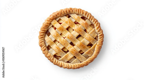 A delicious apple pie with a golden, lattice crust, ready to be enjoyed.