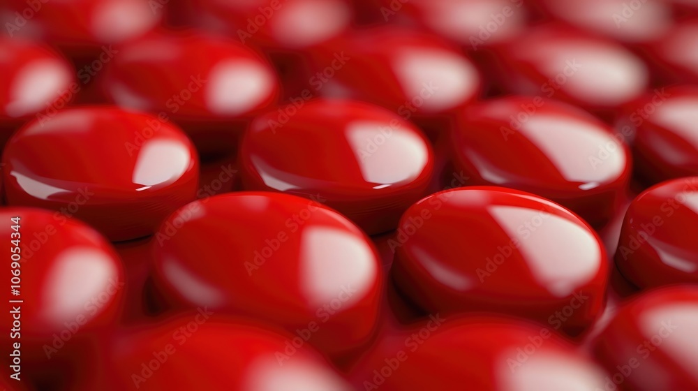 Close-up of a group of shiny, red, round objects arranged in a pattern. Close-up of a group of shiny, red, round objects arranged in a pattern.