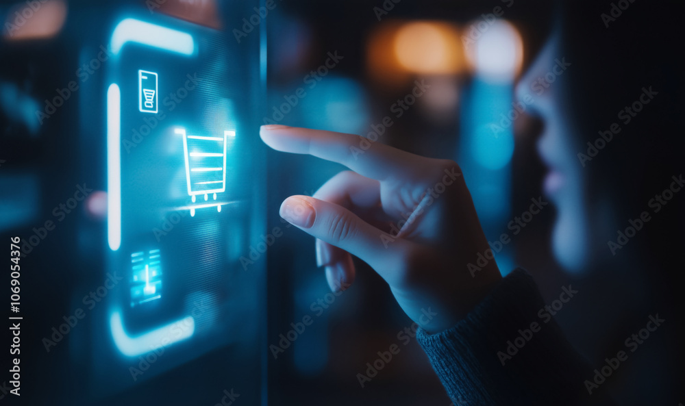 Close-up shot of hand of modern teenager girl interacting with virtual shopping interface. Finger touches glowing digital shopping cart icon, laptop on wooden desk. High-tech, futuristic vibe. Close-up shot of hand of modern teenager girl interacting with virtual shopping interface. Finger touches glowing digital shopping cart icon, laptop on wooden desk. High-tech, futuristic vibe.
