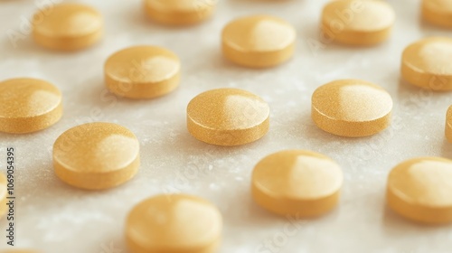 Close-up of a row of round, golden pills on a white surface.