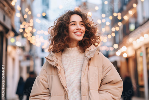 A young woman with curly hair smiles brightly while wearing cozy beige jacket in charming street adorned with warm lights. joyful atmosphere enhances her cheerful expression