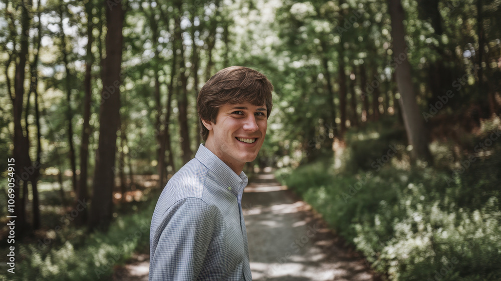 Young Caucasian male smiling on a forest path, showcasing a cheerful vibe amidst lush greenery in a serene outdoor setting. Young Caucasian male smiling on a forest path, showcasing a cheerful vibe amidst lush greenery in a serene outdoor setting.