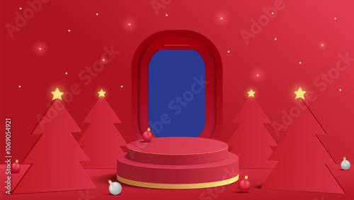 Podium Christmas. Red Podium for product display presentation with christmas tree and airplane windows on red background. Merry Christmas background