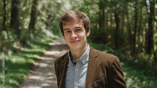 A young Caucasian man in a brown blazer smiles warmly while standing on a sunny forest path, surrounded by lush greenery and dappled sunlight.