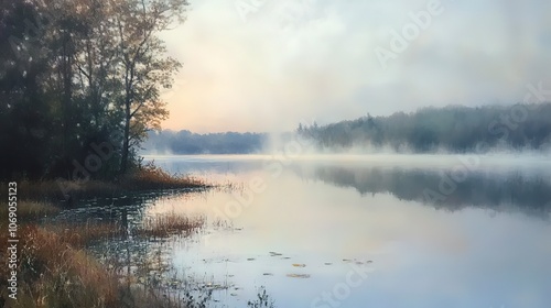 A misty morning over a calm lake.