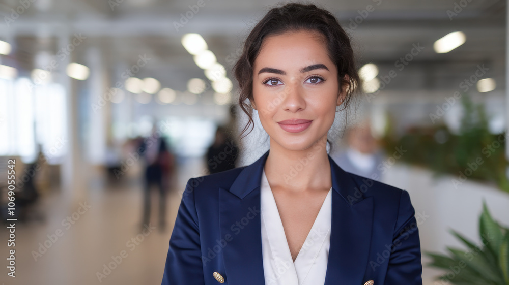 Confident young woman of Middle-Eastern descent in a navy blazer, smiling at the camera inside a modern office space. Confident young woman of Middle-Eastern descent in a navy blazer, smiling at the camera inside a modern office space.