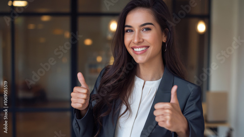 Smiling Hispanic woman in a business suit giving two thumbs up, exuding confidence and positivity in a professional office environment. photo