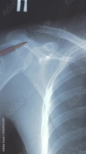 Vertical footage, Doctor examining X-ray scan of Dislocation acromial end of the clavicle. photo