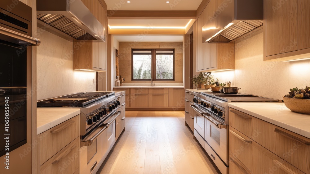 Modern Kitchen Interior with Double Ovens and Wood Cabinetry Modern Kitchen Interior with Double Ovens and Wood Cabinetry