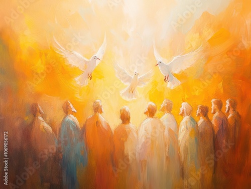 Light rays at Pentecost: apostles bathed in divine light, flames gently glowing, doves soaring, spiritual calmness, contemporary art style
