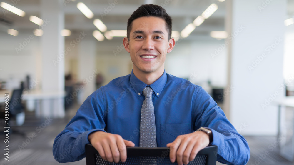 Fototapeta premium A young Asian male professional in a blue shirt and tie smiles confidently in an office setting, showcasing a positive and approachable demeanor.