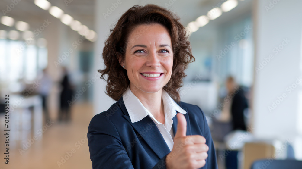 Confident Caucasian woman in a business suit giving a thumbs up in a modern office setting, showcasing positivity and professional success. Confident Caucasian woman in a business suit giving a thumbs up in a modern office setting, showcasing positivity and professional success.