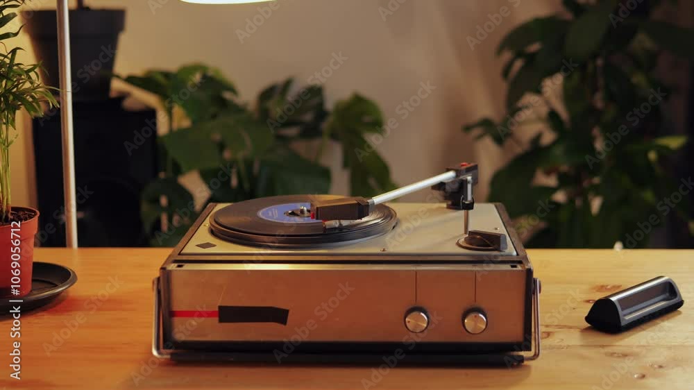 Retro Vinyl record player playing music, close-up macro shot of vintage LP disc old phonograph spinning. Retro music player at home.