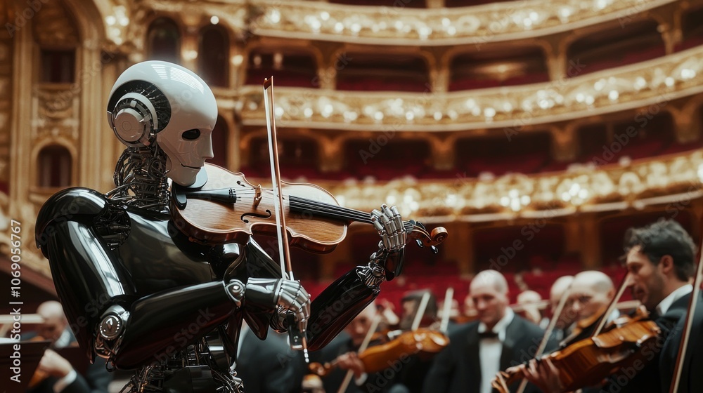 grand opera house robot conductor skillfully directs live violin orchestra surrounded musicians tuxedos creating captivating performance. grand opera house robot conductor skillfully directs live violin orchestra surrounded musicians tuxedos creating captivating performance.