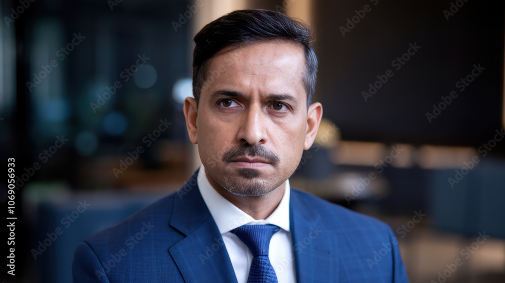 A serious South Asian businessman in a blue suit, focusing intently while seated in a modern, well-lit office setting, exuding professionalism and determination. A serious South Asian businessman in a blue suit, focusing intently while seated in a modern, well-lit office setting, exuding professionalism and determination.