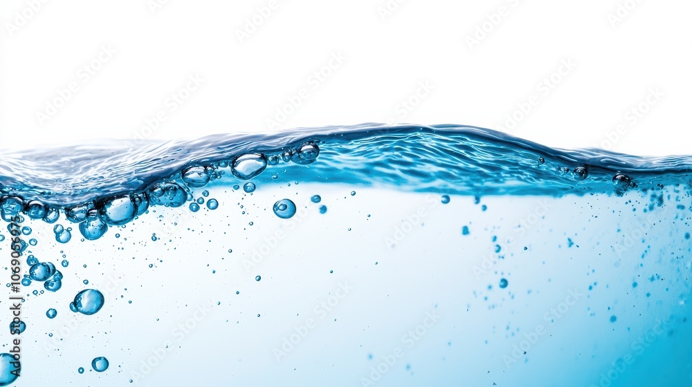 Blue water surface with bubbles creating a refreshing wave on white background Blue water surface with bubbles creating a refreshing wave on white background