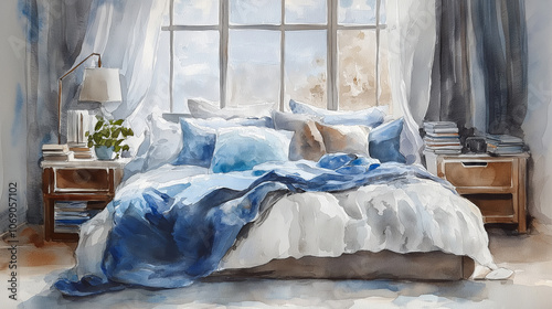 Blue Monday cozy bedroom with soft sunlight, unmade bed covered in blue and white blankets, peaceful morning light through large window, capturing serene atmosphere of slow, relaxed winter morning