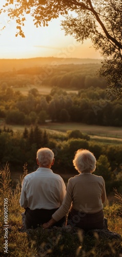 Senior Couple Sitting Together and Watching Sunset Over Peaceful Countryside 