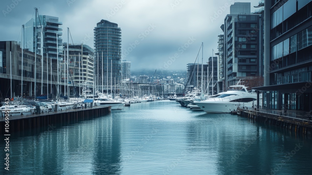 Obraz premium A serene marina scene with yachts and modern building under a cloudy sky.