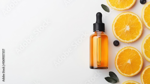 Vitaminrich facial serum bottle with pipette, citrus slices around, bright white backdrop photo