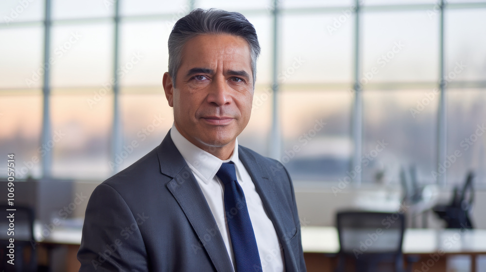 Confident middle-aged Hispanic man in a suit stands in a modern office with large windows, exuding professionalism and authority during a serene evening light. Confident middle-aged Hispanic man in a suit stands in a modern office with large windows, exuding professionalism and authority during a serene evening light.