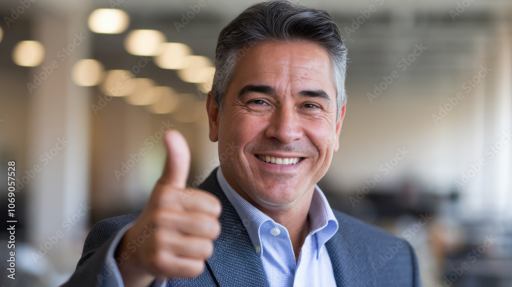 A middle-aged Hispanic man in a blazer smiles and gives a thumbs-up gesture, embodying confidence and positivity in a modern office setting. A middle-aged Hispanic man in a blazer smiles and gives a thumbs-up gesture, embodying confidence and positivity in a modern office setting.