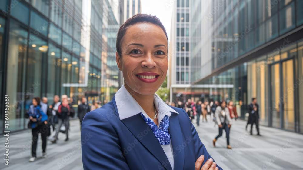 Confident African American woman in a blue suit smiles in a busy urban environment, embodying professionalism and success amidst a bustling city backdrop. Confident African American woman in a blue suit smiles in a busy urban environment, embodying professionalism and success amidst a bustling city backdrop.