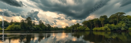 A calm lake reflects the golden rays of the setting sun, while dark storm clouds gather above the lush tree line