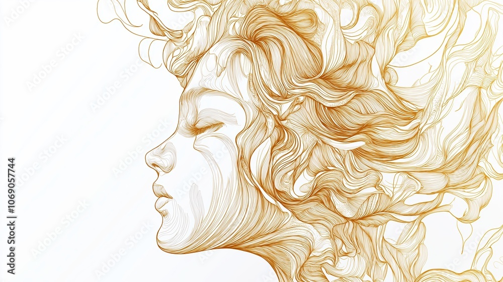 Woman's head with long hair is drawn in gold. The hair is styled in a way that it looks like it is on fire. The woman's face is drawn in black Woman's head with long hair is drawn in gold. The hair is styled in a way that it looks like it is on fire. The woman's face is drawn in black