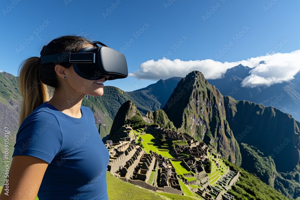 Naklejka premium Person exploring a VR simulation of Machu Picchu, experiencing the Andes mountains and ancient Inca ruins