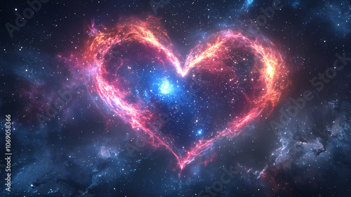 Wide-angle photo showing ethereal heart swirls of light and stardust against a cosmic background. Cosmic. Illustration